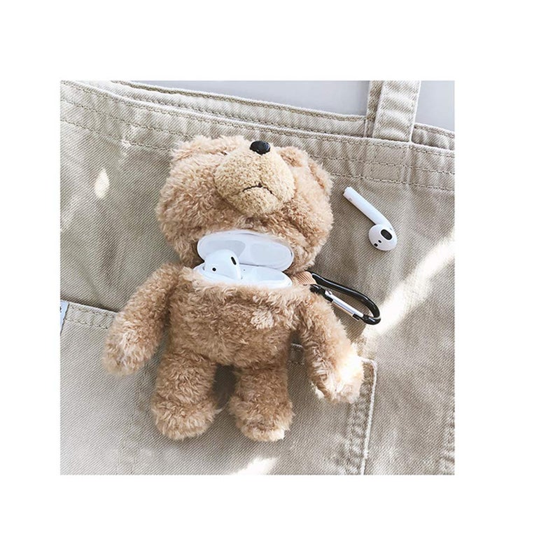 SGVAHY Furry Case for AirPods 1&2 Funny Cute 3D Cartoon Plush Design Bear Khaki Soft Warm Fluffy Cover with Keychain Kawaii Anti-Fall Protective Case Women Girls - Image 4